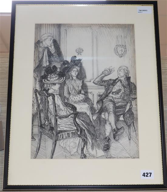 Edmund J. Sullivan (1869-1933), an original pen and ink illustration of 18th century figures in an interior, 35 x 26cm